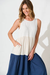 Navy Colorblock Linen Midi Dress